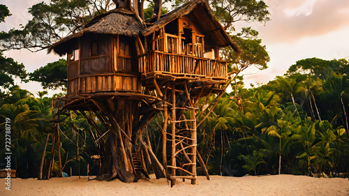 a tree house sitting on top of a sandy beach, pine treehouse, beachwood treehouse, lookout tower, tree house, bamboo huts © ika