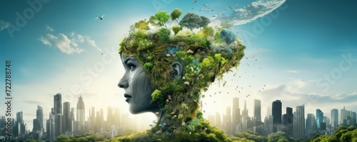 Conceptual sdgs image that blends elements of city life, nature, and environmental sustainability into the human face. Sustainable environmental in urban living. photo