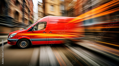 Delivery van delivers fast in a city