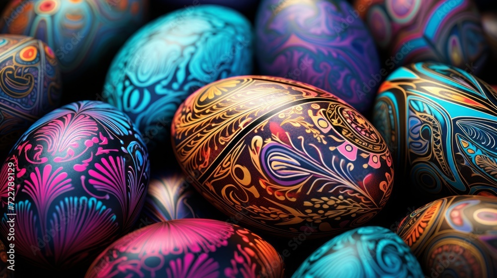 Unusual colorful festive Easter eggs with beautiful drawings