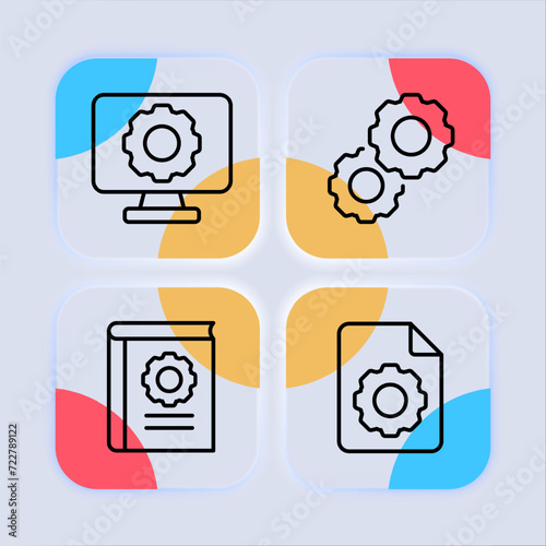 Gears set line icon. Setting, options, calibration, change, mechanism, clock, device, gadget. Glassmorphism style. Vector line icon for business and advertising