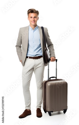 smart young man with suitcase isolated on white background