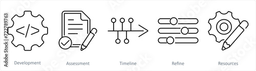 A set of 5 Action plan icons as development, assessment, timeline