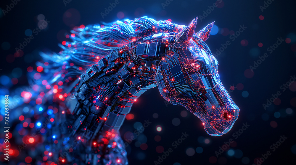 horse composed of blue digital circuits and glowing red lights, giving ...