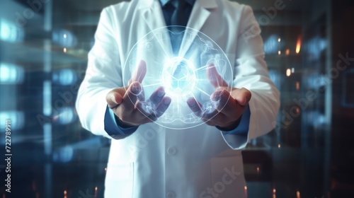 Hands of a doctor in a white coat and a hologram or health interface. Interactive, futuristic panel, icons and health app. Blurred background
