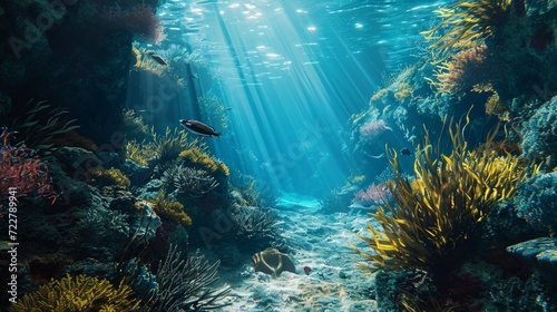 Dive into the depths of a super realistic underwater world, where perfect lighting reveals the mysteries of the ocean's beauty.