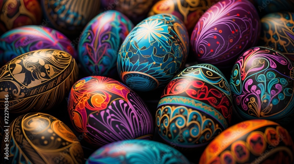 Unusual colorful festive Easter eggs with beautiful drawings Unusual colorful festive Easter eggs with beautiful drawings