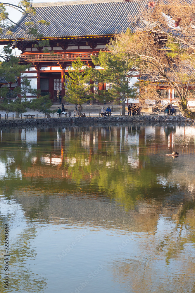 Close up of Todaiji Temple and its negative image on lake in Nara in Winter, Japan. Vertical image