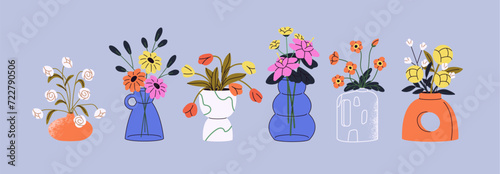Modern vases with flowers set. Peony, tulipe in patterned pottery pot. Bloom bouquet in glass pitcher. Different plants in flowerpots. Floral interior decoration. Flat isolated vector illustrations