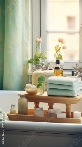 Bathroom Elegance. Assorted Bath Accessories and Soap Arranged on a Tub in a Stylish Bathroom