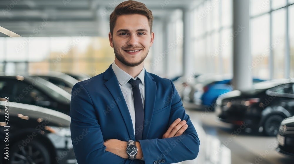 A joyful young salesman is engaged in his work at a car dealership, confidently looking at the camera.