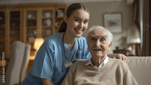 cheerful elderly man seated on a couch, looking up at a smiling female nurse standing beside him