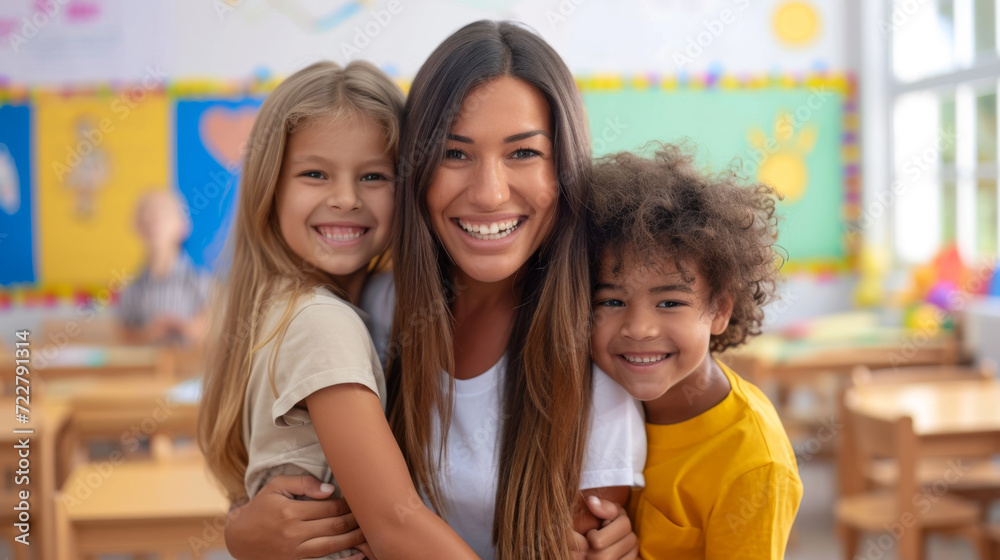 female teacher is being hugged joyfully by two young children