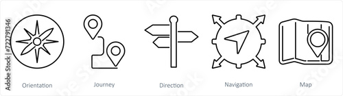 A set of 5 Adventure icons as orientation, journey, direction