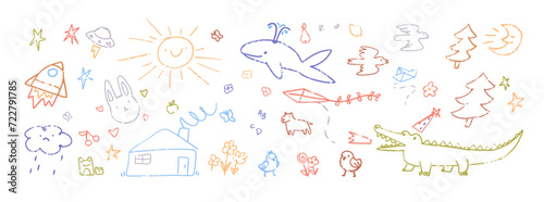 Children chalk drawings on asphalt. Kids scribbles of animals set. Childish freehand painting. Doodle pictures, colored crayon sketches. Hand drawn isolated vector illustrations on white background photo
