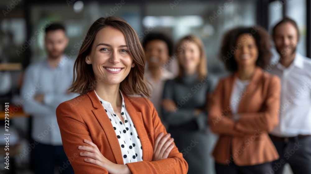 Professional team, with a woman in the foreground smiling confidently at the camera, arms crossed, and her team in the background. Professional team, with a woman in the foreground smiling confidently at the camera, arms crossed, and her team in the background.
