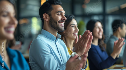 Group of people applauding in a business or formal setting.