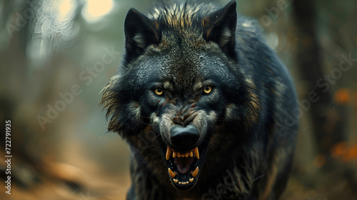 A closeup of a black roaring wolf with a huge mouth and teeth with a blurry background, generative ai