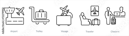 A set of 5 Airport icons as airport, trolley, voyage