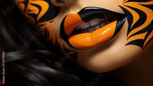 Black lips. Halloween Makeup. Luxury beautiful woman with dark lipstick.