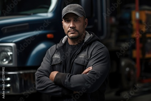 truck repair shop owner in uniform in the garage, truck on background