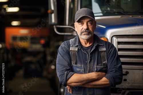 truck repair shop owner in uniform in the garage, truck on background photo
