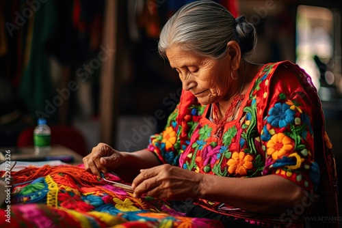 senior Mexican women in white clothes make Mexican embroidery