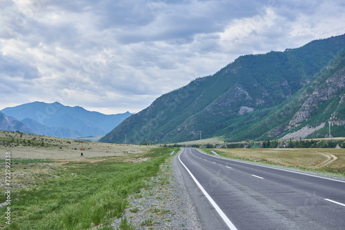 Road in the Altai Mountains, Siberia, Russia. Summer landscape in overcast weather.