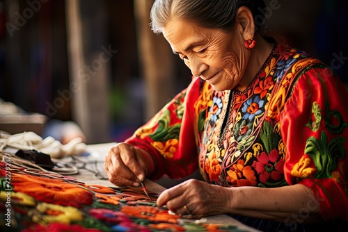 senior Mexican women in white clothes make Mexican embroidery photo