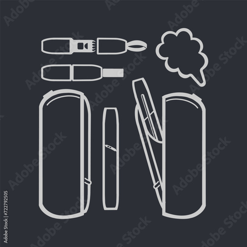  Electronic cigarette and accessories icons for vape shop. Doodle style. Isolated dark background. Vector.