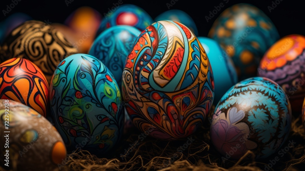 Unusual colorful festive Easter eggs with beautiful drawings Unusual colorful festive Easter eggs with beautiful drawings