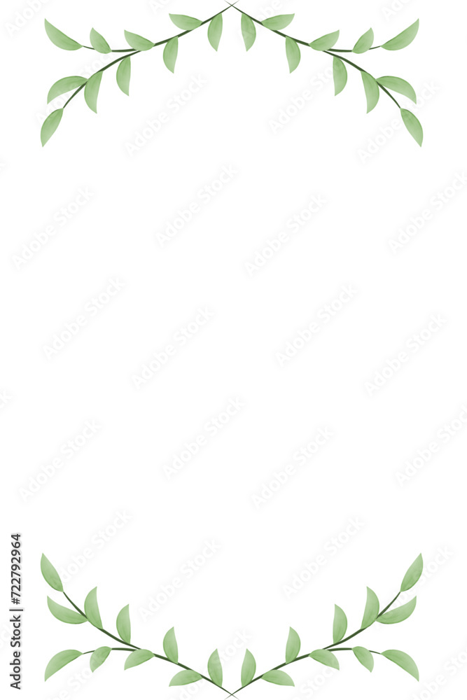Green leaves border, frame, isolated on white. Card for invitation, greeting, wedding. Vector illustration. paper, wallpaper, poster, template, presentation with place for text. Watercolor painting.