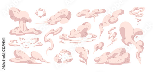Soft clouds with different shapes set. Smoke fly in air. Vapor, smog silhouettes. Cigarette puff trail. Bomb explosion trace. Comic motion track. Flat isolated vector illustrations on white background