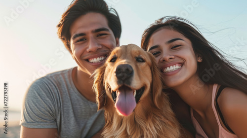 close-up selfie of a happy couple with a golden retriever dog © MP Studio