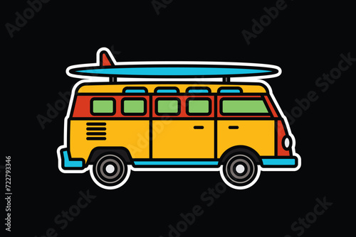 Original vector illustration. A van with a surfboard on the roof. A contour icon.