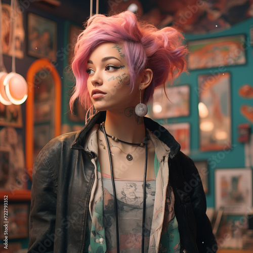 Portrait of a bright, nonconformist teenage girl, radiating individuality and confidence, with a unique and expressive style that defies conventional norms photo