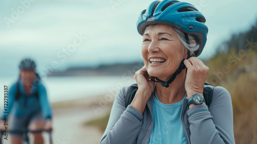 cheerful senior woman with a bicycle helmet, smiling brightly, likely enjoying an outdoor cycling activity © MP Studio