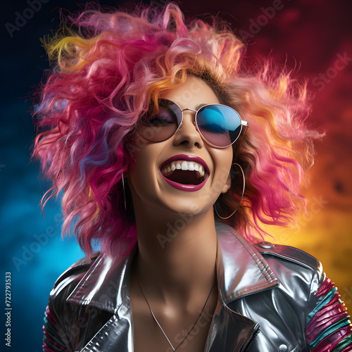 Female Rockstar with Colorful Curly Hair and Sunglasses
