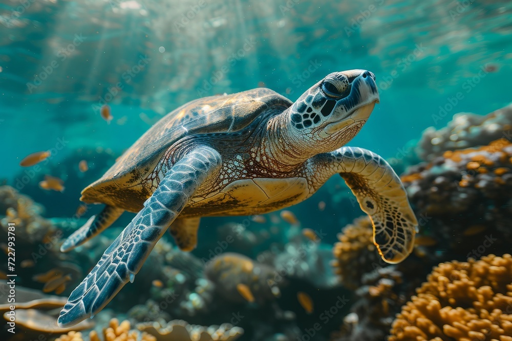 Obraz premium Ocean turtle swimming, perfect for nature and underwater themed designs, educational materials, and conservation campaigns.