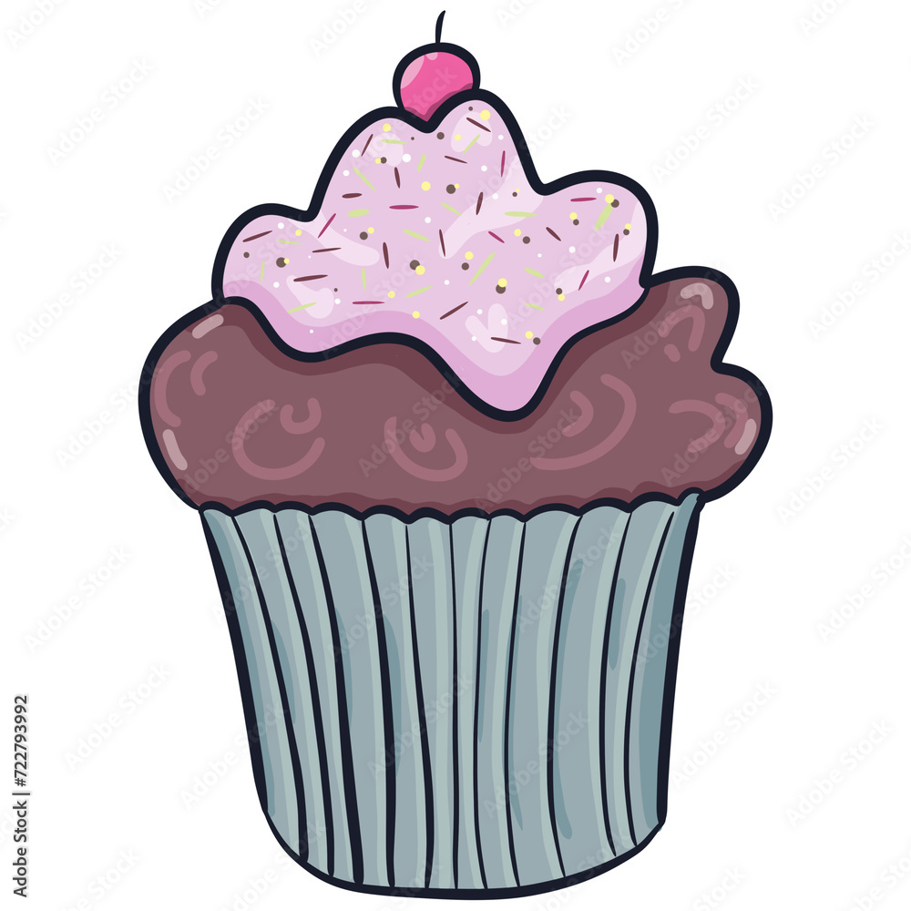 Chocolate cupcake with strawberry coating and cherry on top Chocolate cupcake with strawberry coating and cherry on top