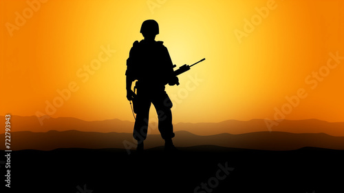 Soldier salute. Silhouette on sunset sky. War, army, military, guard concept.
