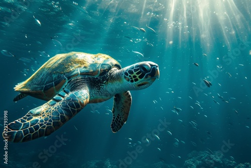 Turtle swimming in ocean, perfect for nature and underwater themed designs, educational materials, and conservation campaigns. © dinadin.creative