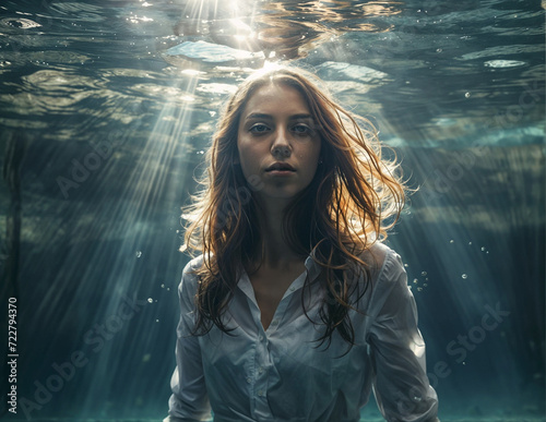 female photo shoot underwater one model one girl posing for a photographer portrait Full-length portrait shot with a 35 mm lens, sun rays Light passes through the water