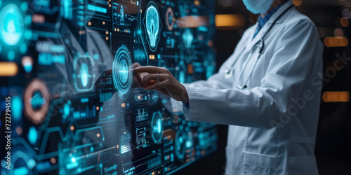 doctor using artificial intelligence on virtual screen for medical research - future medicine healthcare laboratory concept photo