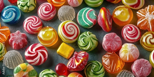 Colorful hard candies pile. Small shiny lollipop pile, fruit confectionery group, round sweets candies photo
