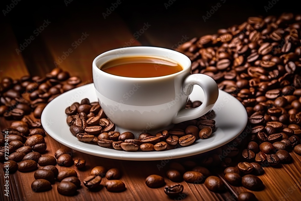 Coffee Cup and Coffee Beans, Espresso Coffeecup on Brown Coffe Grains Background, White Coffee Mug Coffee Cup and Coffee Beans, Espresso Coffeecup on Brown Coffe Grains Background, White Coffee Mug
