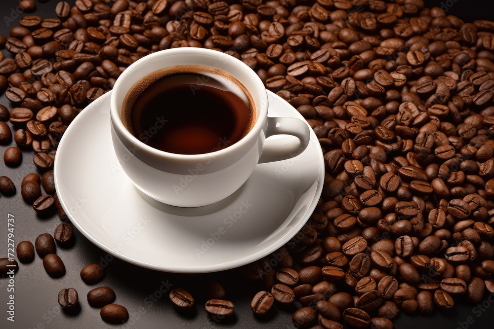 Coffee Cup and Coffee Beans, Espresso Coffeecup on Brown Coffe Grains Background, White Coffee Mug Coffee Cup and Coffee Beans, Espresso Coffeecup on Brown Coffe Grains Background, White Coffee Mug