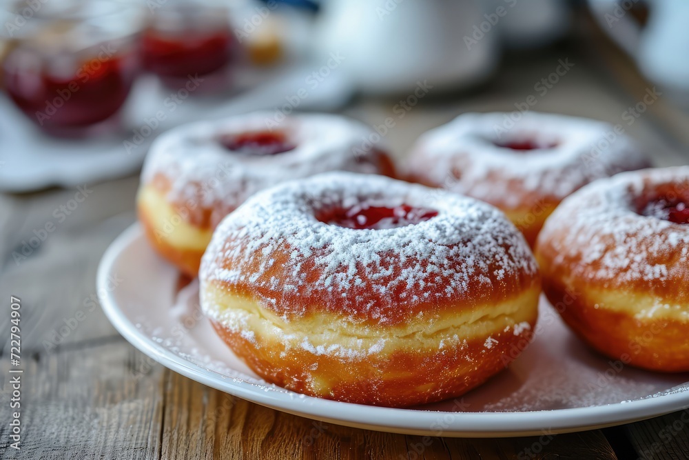 Donut berliner on white plate, Sufgania with powdered shugar and jam
