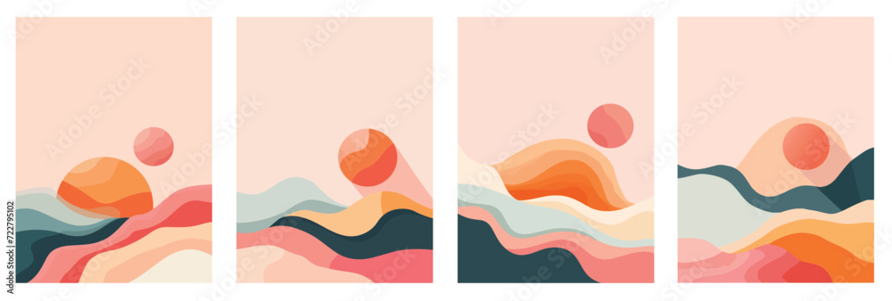 Fototapeta premium Abstract Landscape View Poster Design in Warm Color Japandi Interior Sty/e 
