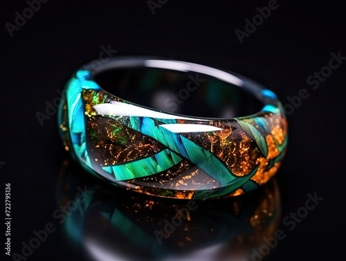 Color Ring with Transparent Crystal and Red Patterns Made of Resin, Handmade Bijouterie